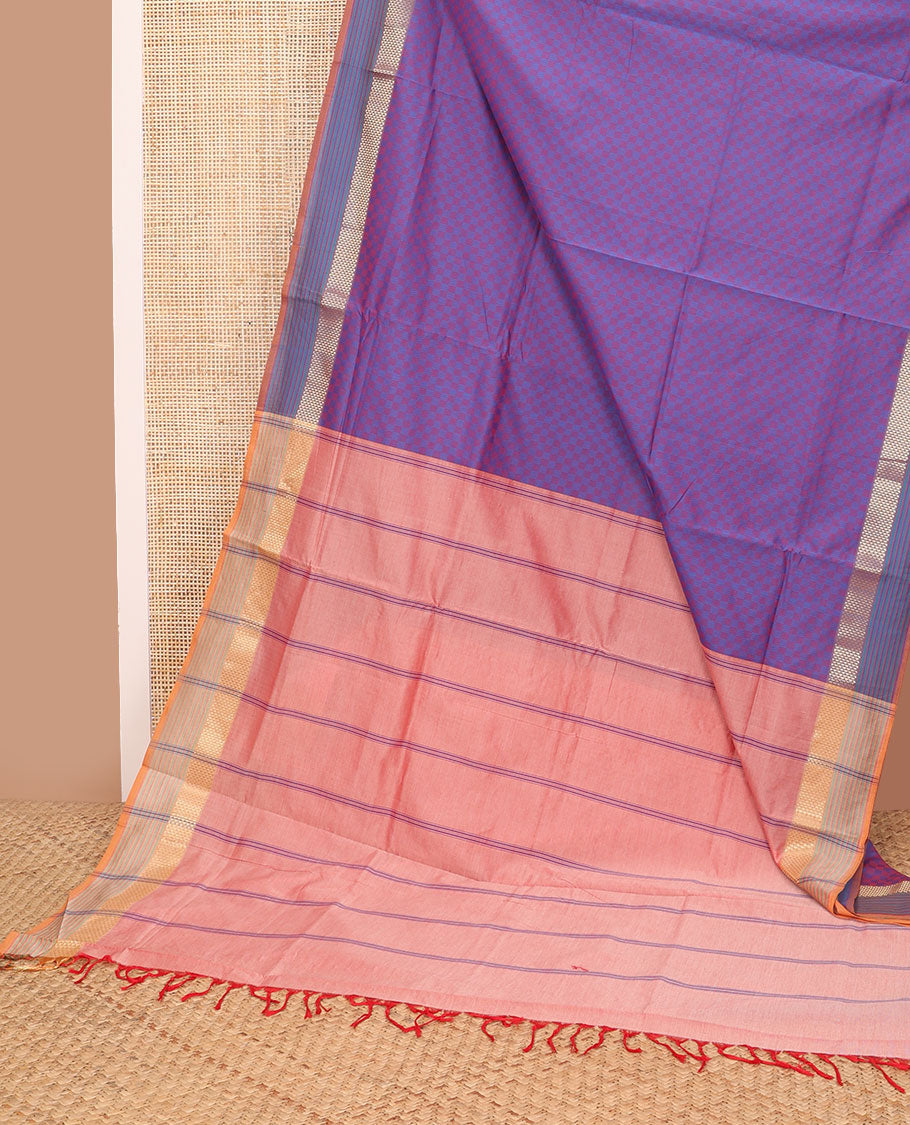 Purple checkered poly cotton saree with contrast zari design border & striped pallu