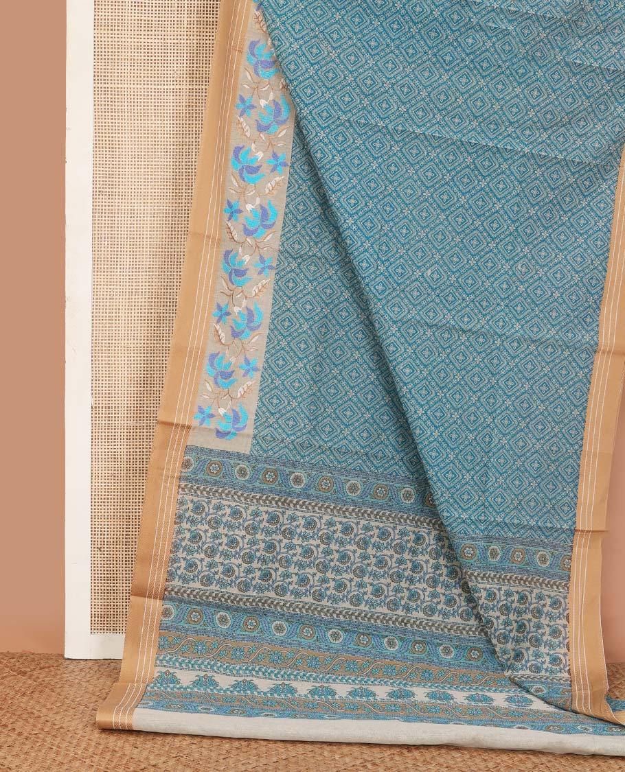 Blue diamond patterned chanderi cotton saree, contrast traditional border of floral multi-hue thread embroidery, and floral jaal printed pallu