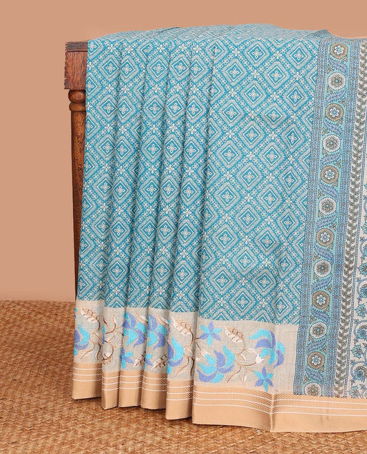 Blue diamond patterned chanderi cotton saree, contrast traditional border of floral multi-hue thread embroidery, and floral jaal printed pallu