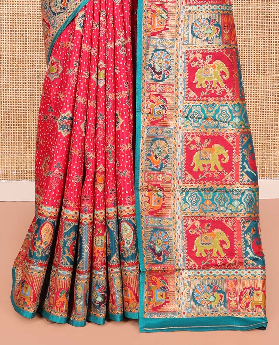 Pink Dola Silk Saree, Mesmerized with Colorful Motifs Printed on Its Body, Complemented by Contrast Peacock-Elephant Border, Pallu of Butta Enclosed Checked Print, and Paired with a Contrast Blouse