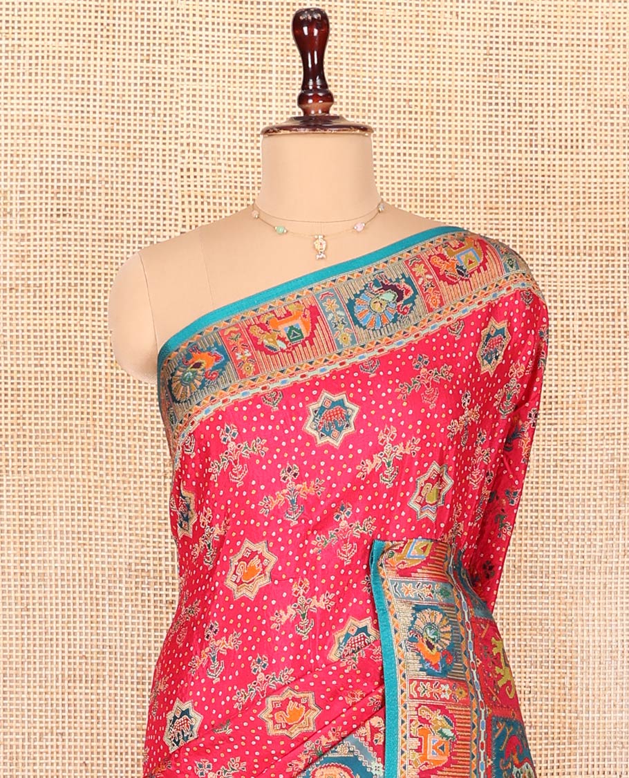 Pink Dola Silk Saree, Mesmerized with Colorful Motifs Printed on Its Body, Complemented by Contrast Peacock-Elephant Border, Pallu of Butta Enclosed Checked Print, and Paired with a Contrast Blouse