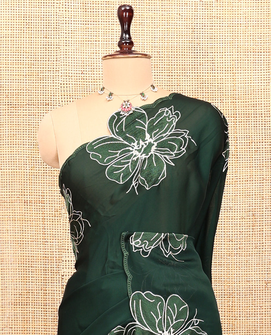 Olive Green Satin Organza Saree, Steeped in the Prettiness of Floral Embroidery, Floral Embroidered Scallop Border, and a Matching Blouse