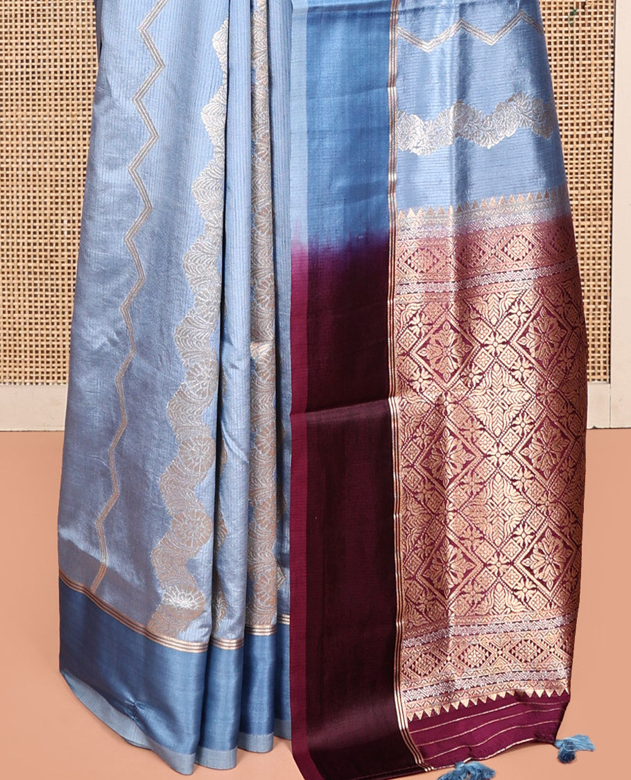 Blue Dupion Silk Saree, Richly Detailed with Floral Creeper and Chevron Stripes, Complemented by Contrast Border, Pallu of Jaal Design, and a Contrast Blouse