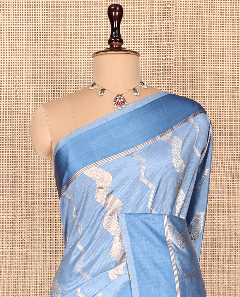 Blue Dupion Silk Saree, Richly Detailed with Floral Creeper and Chevron Stripes, Complemented by Contrast Border, Pallu of Jaal Design, and a Contrast Blouse