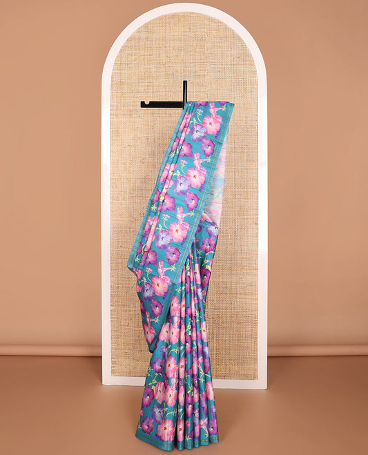 Borderless blue floral print kamala silk saree with plain blouse