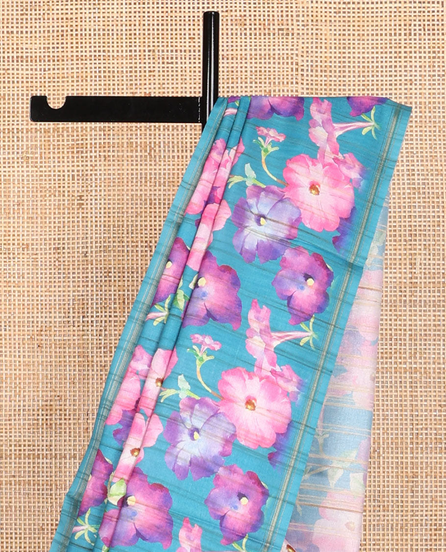 Borderless blue floral print kamala silk saree with plain blouse