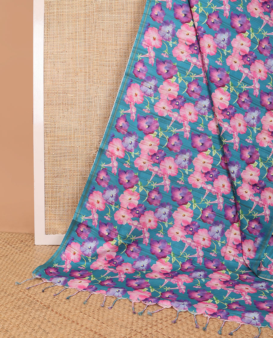 Borderless blue floral print kamala silk saree with plain blouse