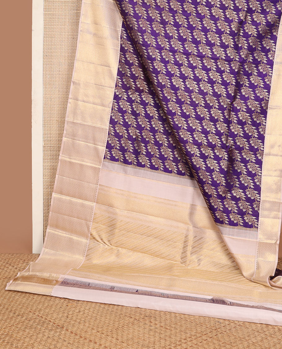 Violet floral jacquard silk saree, contrast diagonal floral striped pallu & zari border of rekku, muthu & jaal design