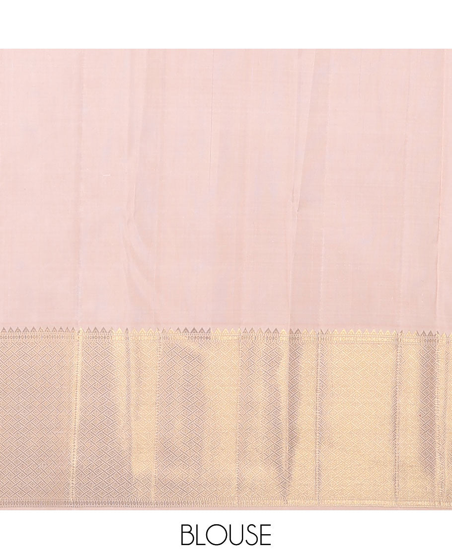 Violet floral jacquard silk saree, contrast diagonal floral striped pallu & zari border of rekku, muthu & jaal design