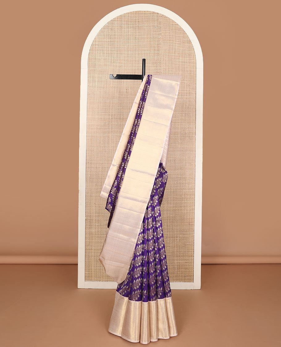 Violet floral jacquard silk saree, contrast diagonal floral striped pallu & zari border of rekku, muthu & jaal design
