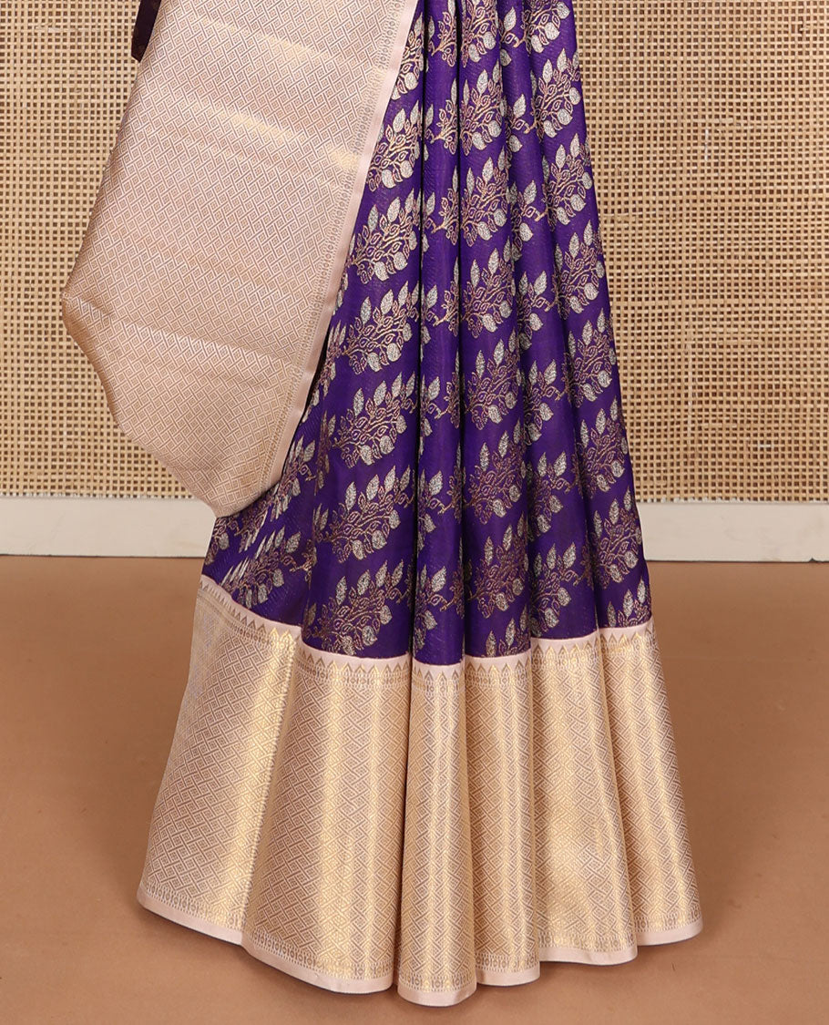 Violet floral jacquard silk saree, contrast diagonal floral striped pallu & zari border of rekku, muthu & jaal design
