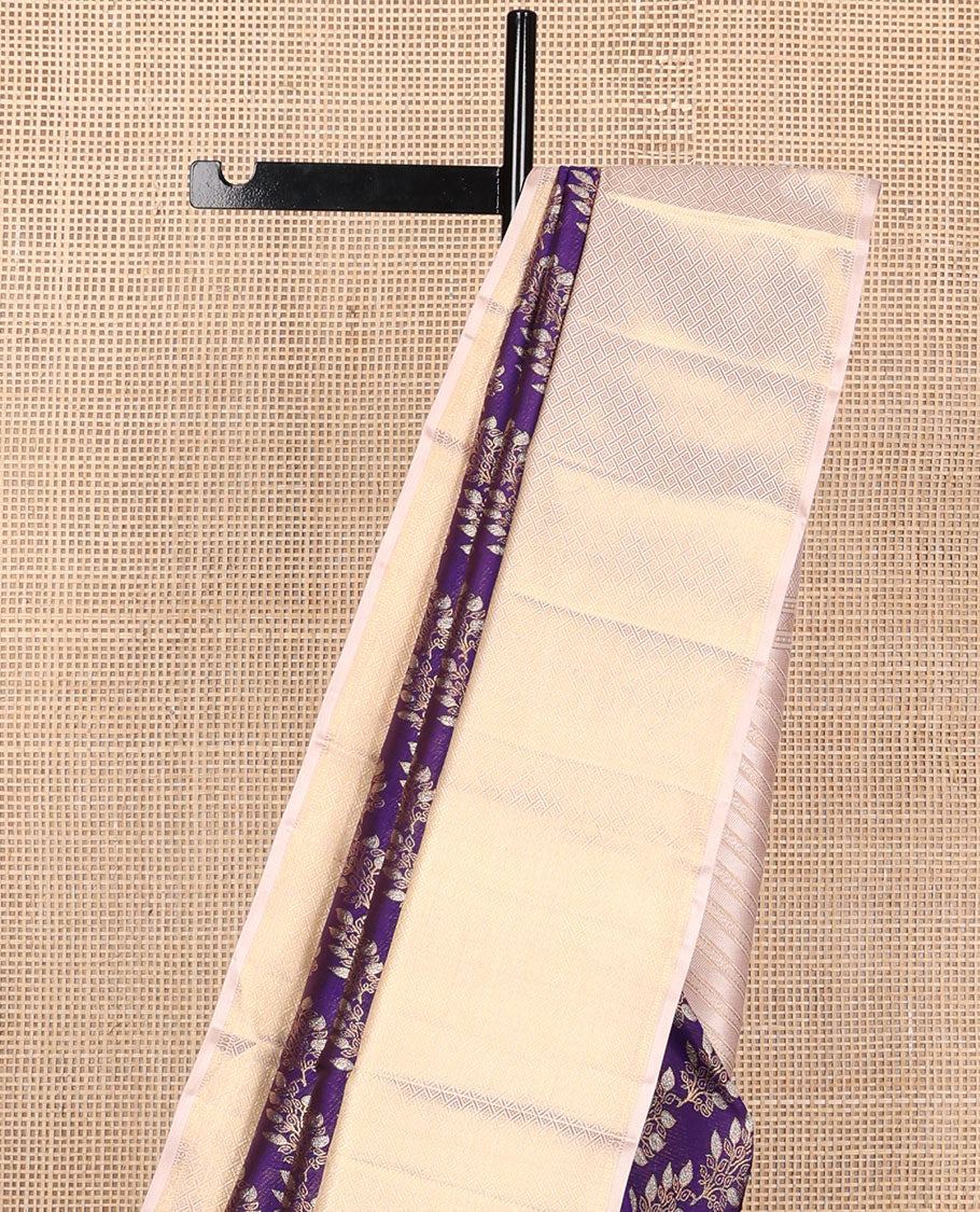 Violet floral jacquard silk saree, contrast diagonal floral striped pallu & zari border of rekku, muthu & jaal design