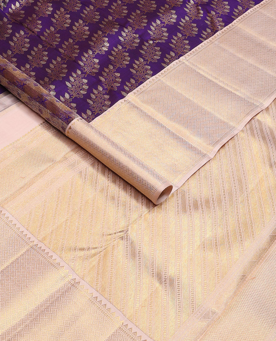 Violet floral jacquard silk saree, contrast diagonal floral striped pallu & zari border of rekku, muthu & jaal design