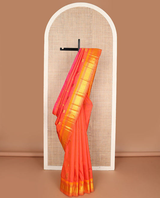 Orange zari buttas kanchipuram silksaree, contrast one-sided border of paneer sombu,banaras,muthu & jaal & floral design pallu
