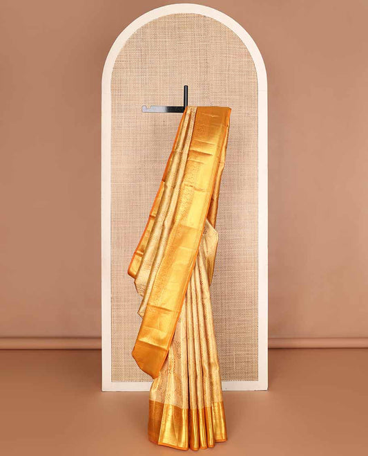 Orange jacquard tissue silk saree, jaal pallu & zari border of thilakam mokku, muthu, kathir & jadai nagam