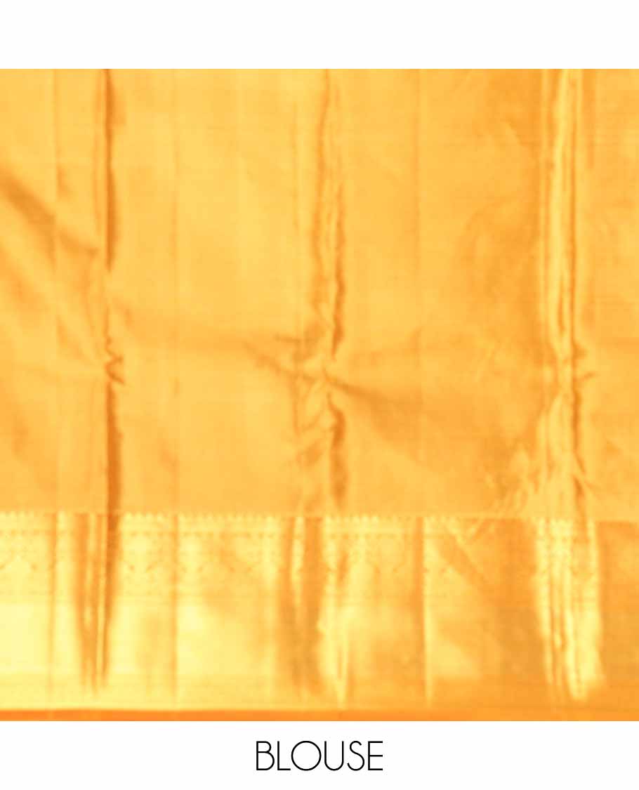 Orange jacquard tissue silk saree, jaal pallu & zari border of thilakam mokku, muthu, kathir & jadai nagam