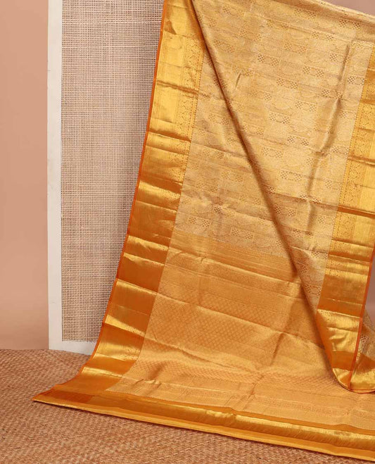 Orange jacquard tissue silk saree, jaal pallu & zari border of thilakam mokku, muthu, kathir & jadai nagam