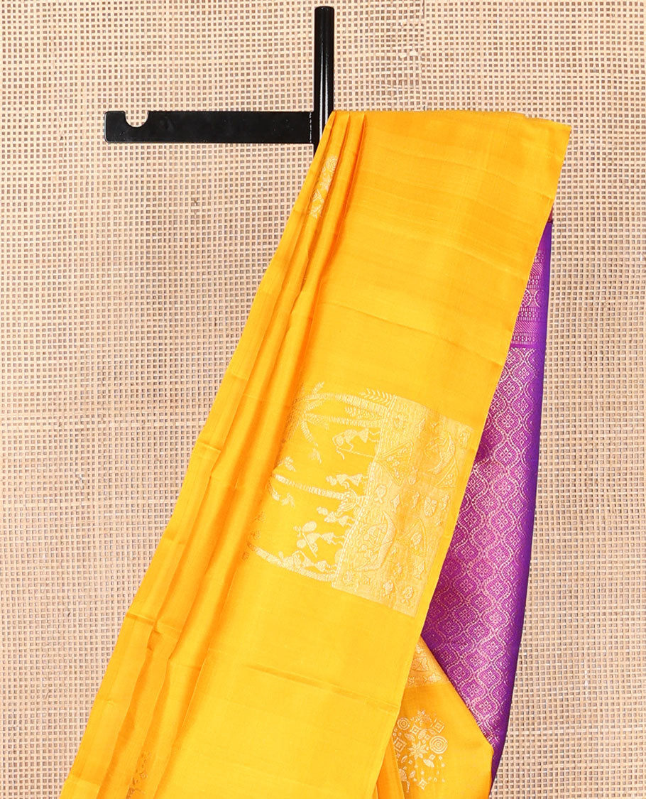 Borderless yellow warli-Island-theme woven zari buttas Kanchipuram silk saree, contrast jaal pallu