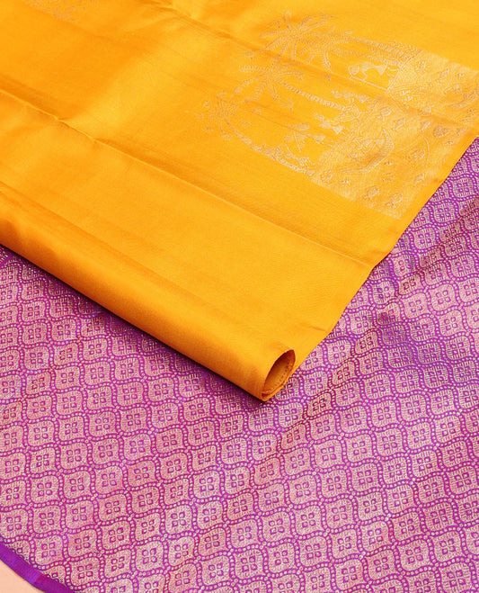 Borderless yellow warli-Island-theme woven zari buttas Kanchipuram silk saree, contrast jaal pallu