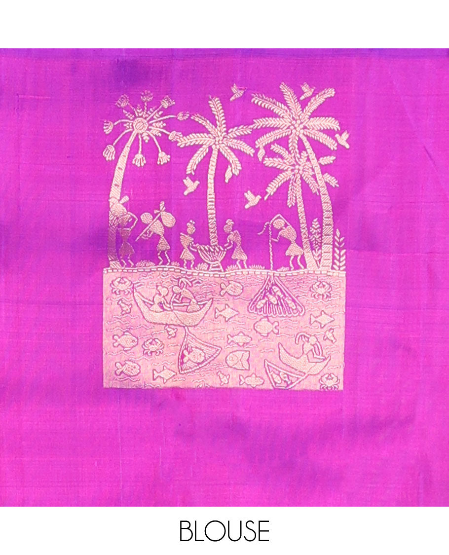 Borderless yellow warli-Island-theme woven zari buttas Kanchipuram silk saree, contrast jaal pallu