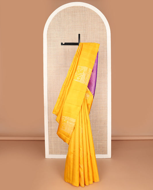 Borderless yellow warli-Island-theme woven zari buttas Kanchipuram silk saree, contrast jaal pallu