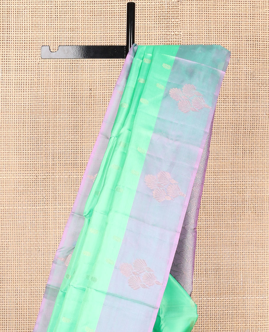 Turquoise zari buttas Kanchipuram silk saree, contrast zari design border & pallu of ogee pattern