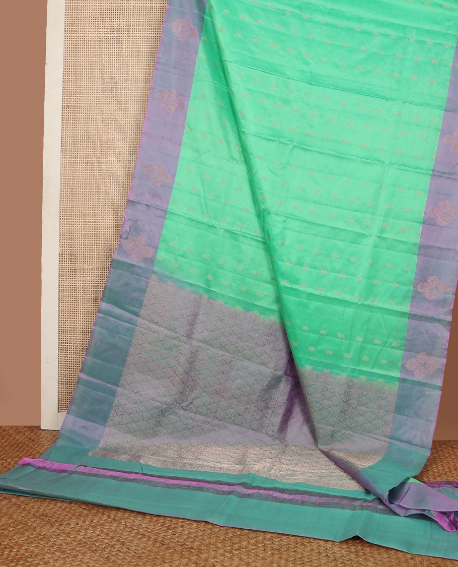 Turquoise zari buttas Kanchipuram silk saree, contrast zari design border & pallu of ogee pattern