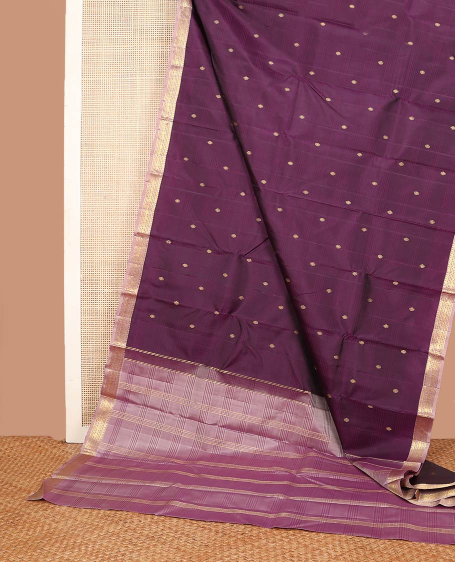 Purple checked & chakram buttas silk saree, contrast border of thazampoo rekku,neli,banaras & rudraksham & zari design pallu