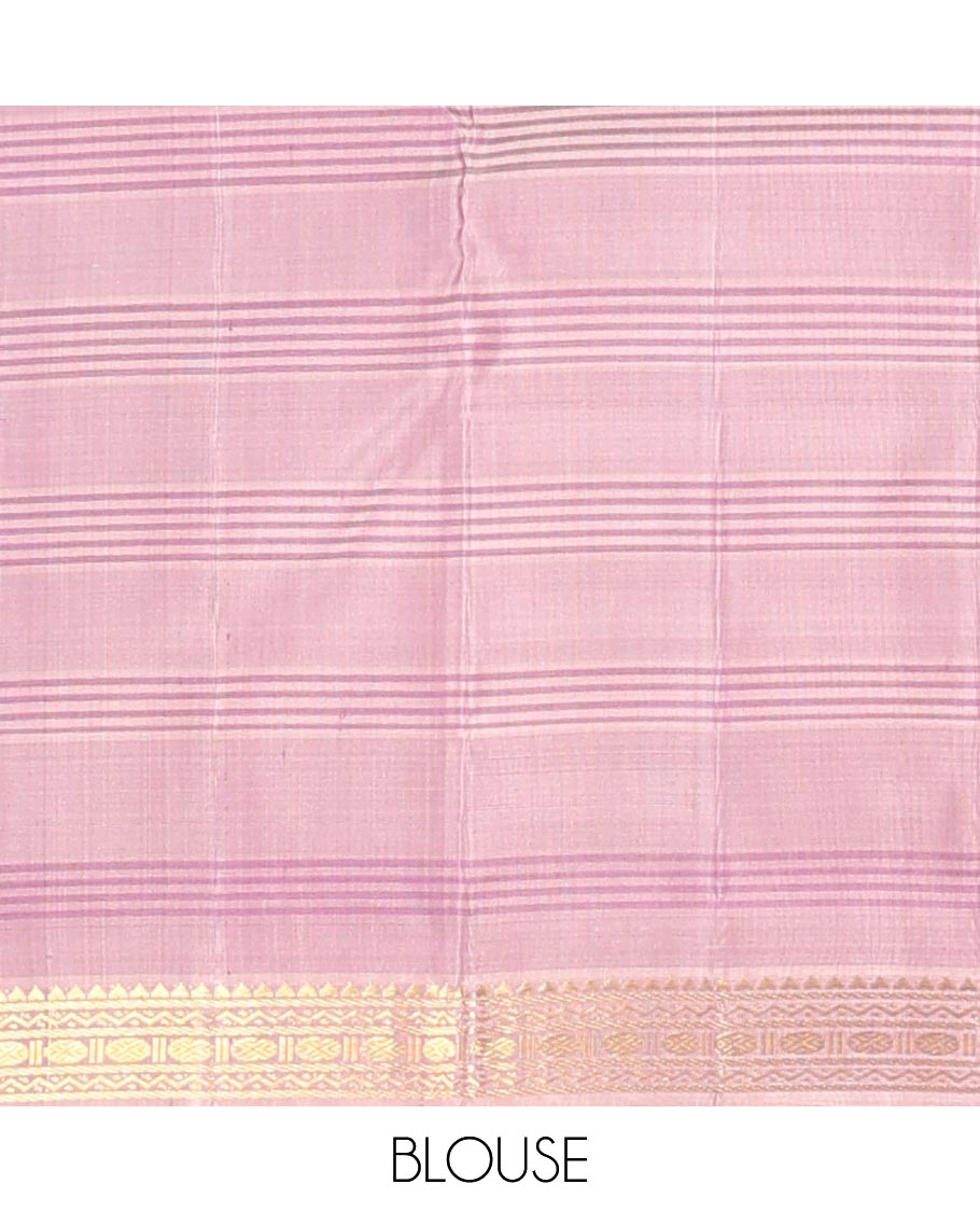 Purple checked & chakram buttas silk saree, contrast border of thazampoo rekku,neli,banaras & rudraksham & zari design pallu