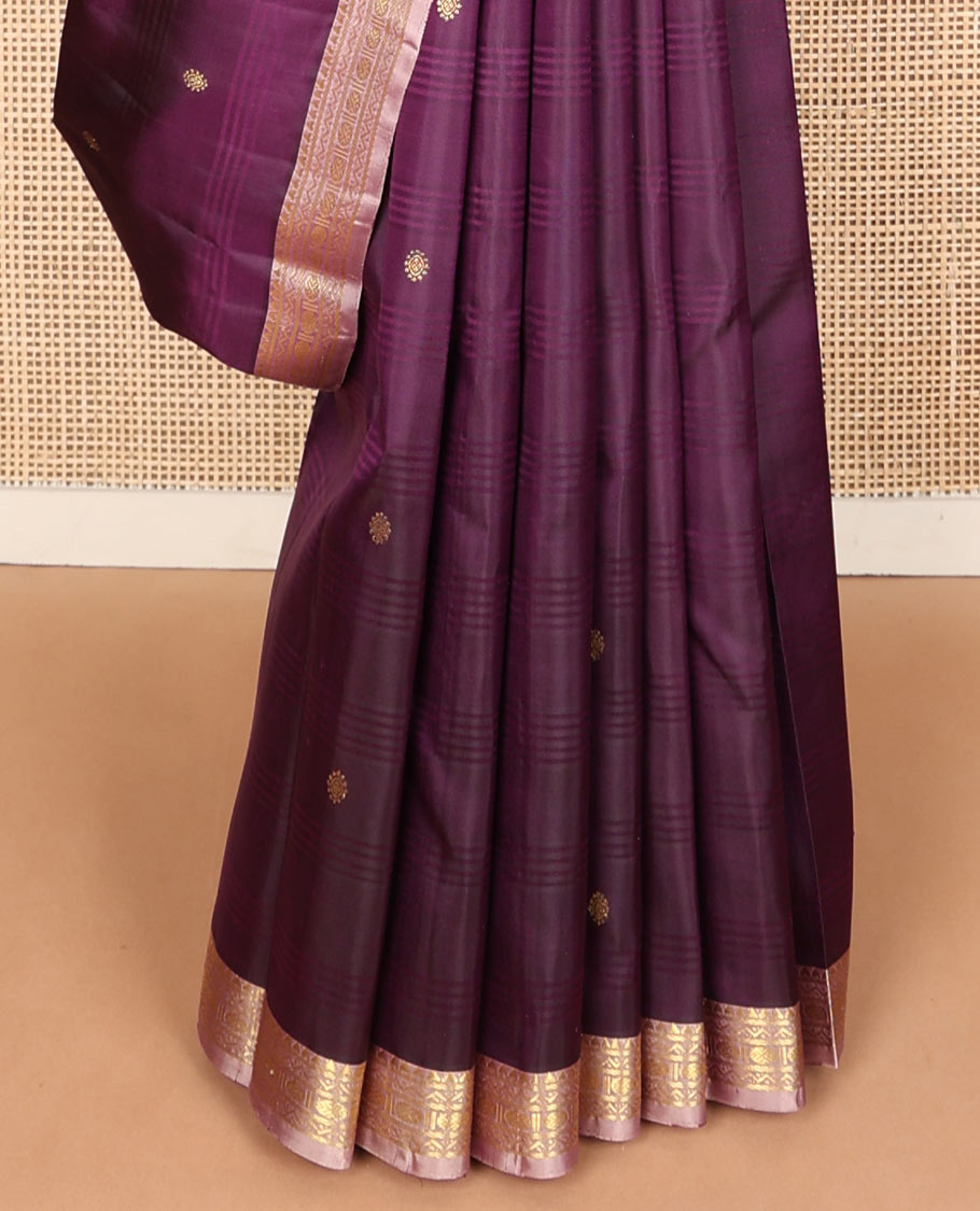 Purple checked & chakram buttas silk saree, contrast border of thazampoo rekku,neli,banaras & rudraksham & zari design pallu