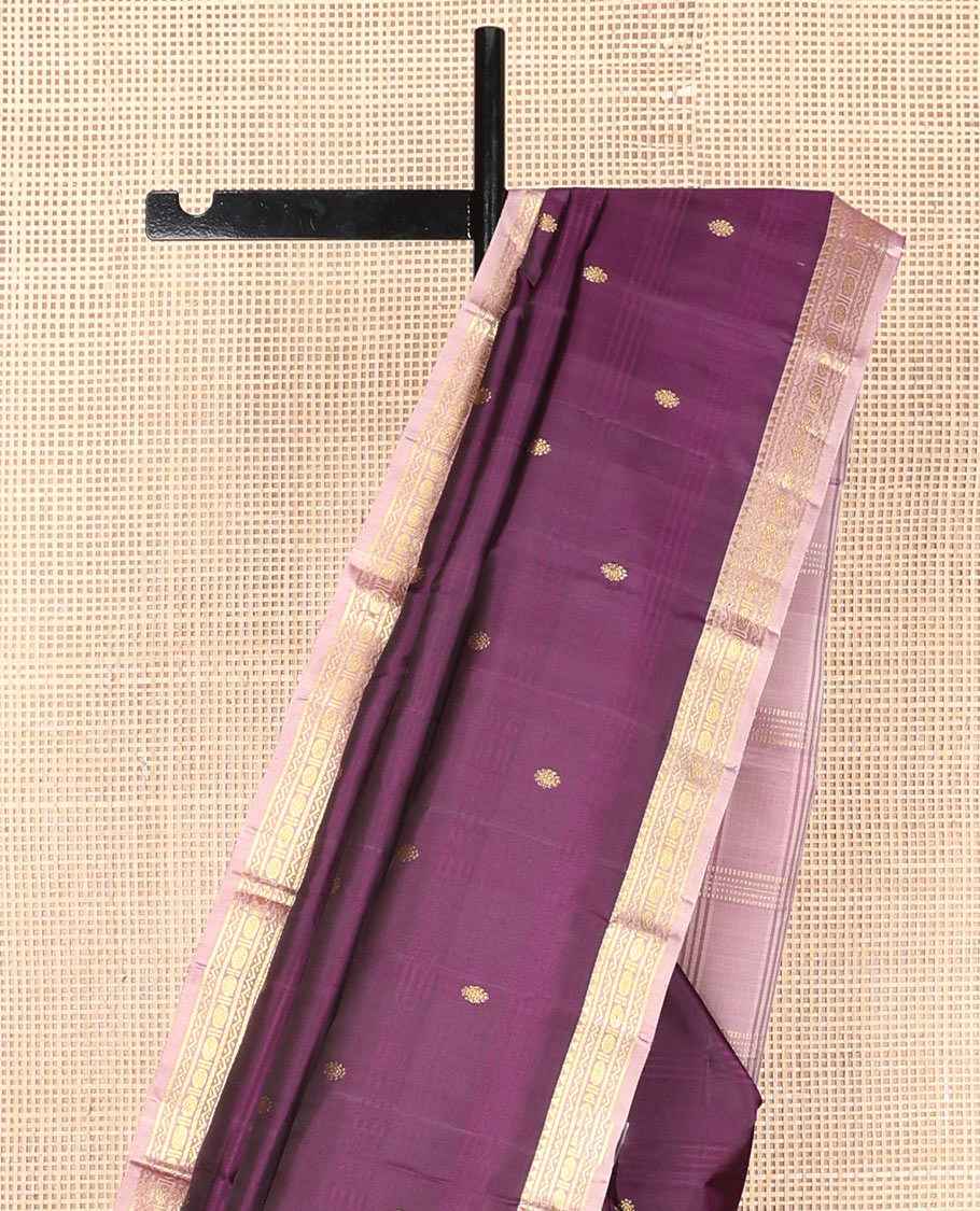 Purple checked & chakram buttas silk saree, contrast border of thazampoo rekku,neli,banaras & rudraksham & zari design pallu