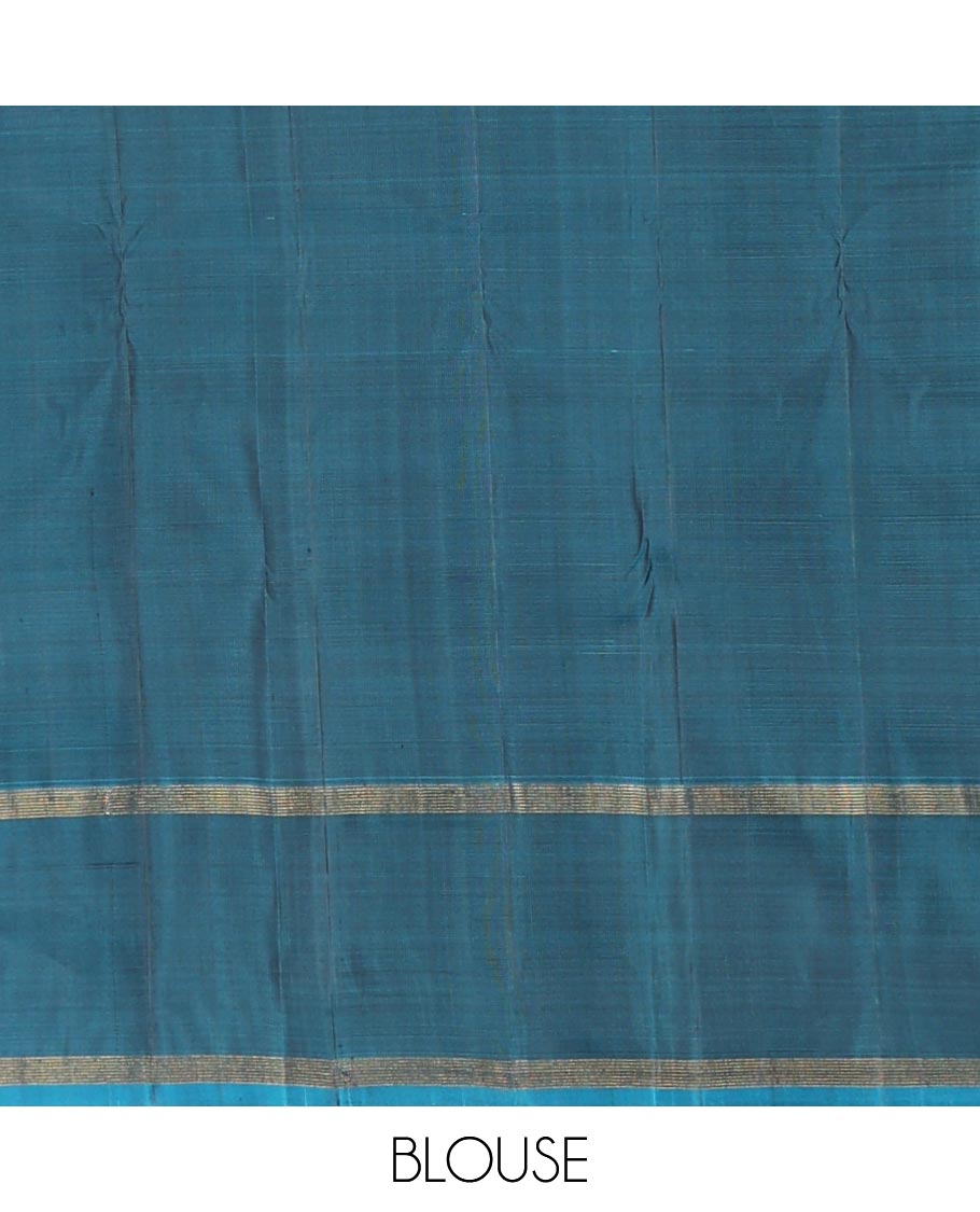 Dark grey striped Kanchipuram silk saree, contrast rettai pettu striped border, and temple zari pallu