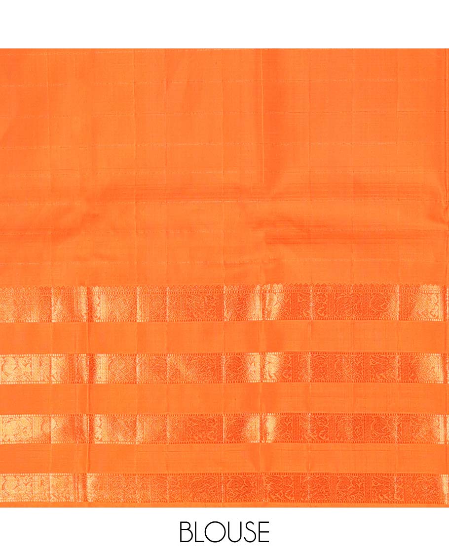 Orange zari buttas Kanchipuram silks saree, zari border of thilakam, muthu, yaanai, mayil, and kuthirai, and jaal pallu