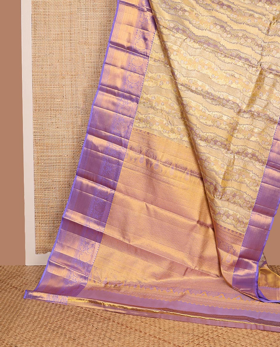 Yellow Kanchipuram Tissue Silk Saree, Embellished with Jacquard Design on Its Body, Complemented by a Contrast Border of Thilakam, Muthu, Kodi Visiry, Laddu Kamalam, and Mayil Kann Designs, Meticulously Crafted Pallu, and Paired with a Contrast Blouse