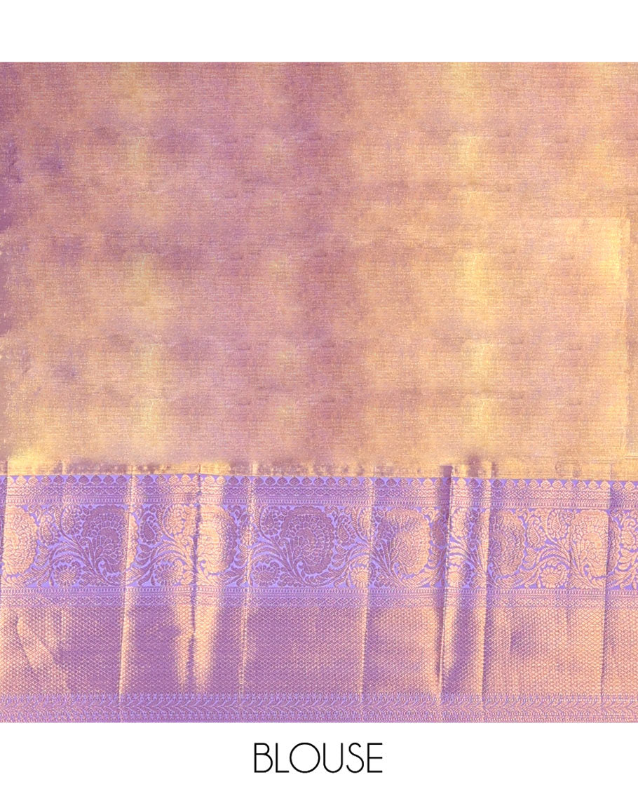 Yellow Kanchipuram Tissue Silk Saree, Embellished with Jacquard Design on Its Body, Complemented by a Contrast Border of Thilakam, Muthu, Kodi Visiry, Laddu Kamalam, and Mayil Kann Designs, Meticulously Crafted Pallu, and Paired with a Contrast Blouse