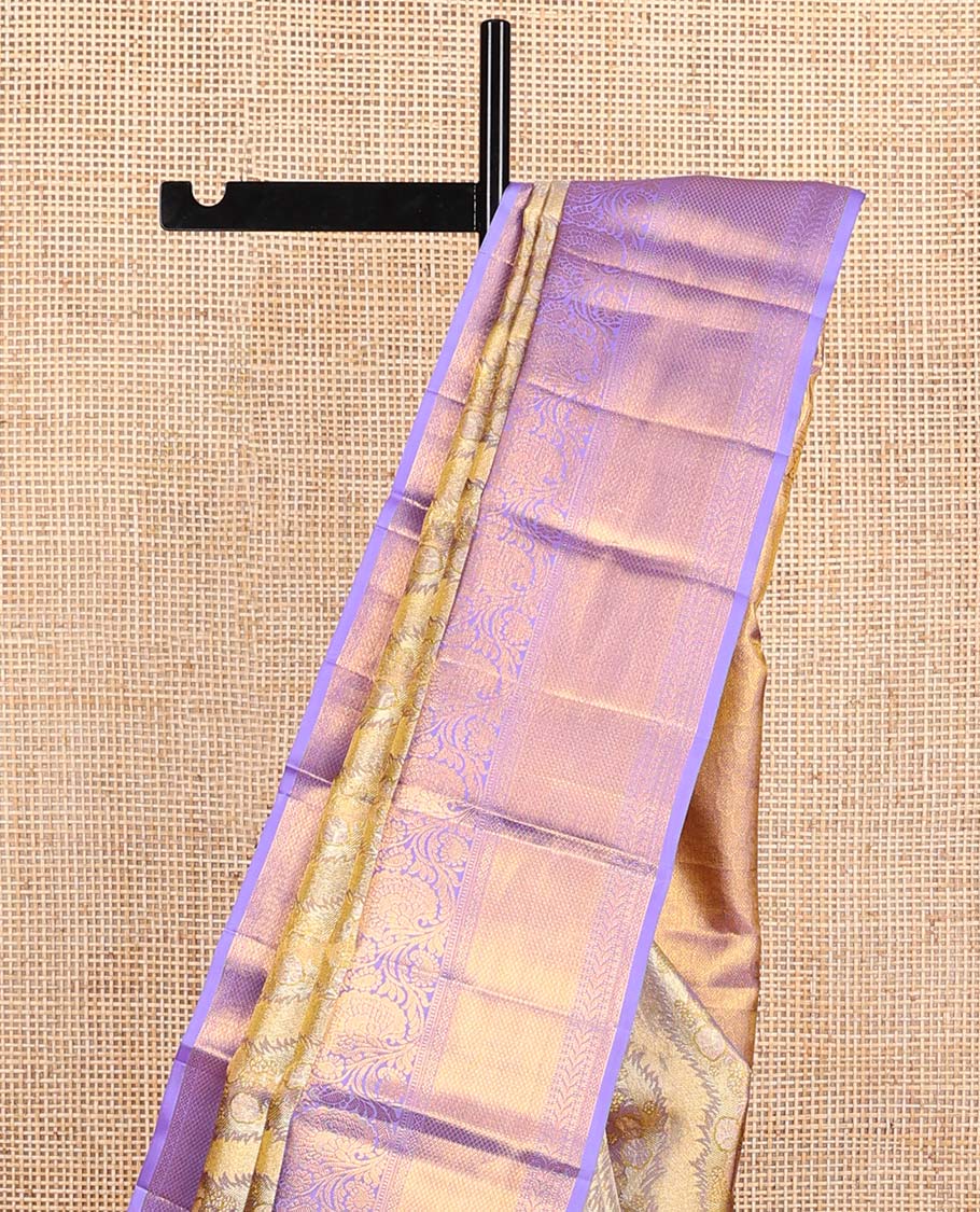 Yellow Kanchipuram Tissue Silk Saree, Embellished with Jacquard Design on Its Body, Complemented by a Contrast Border of Thilakam, Muthu, Kodi Visiry, Laddu Kamalam, and Mayil Kann Designs, Meticulously Crafted Pallu, and Paired with a Contrast Blouse