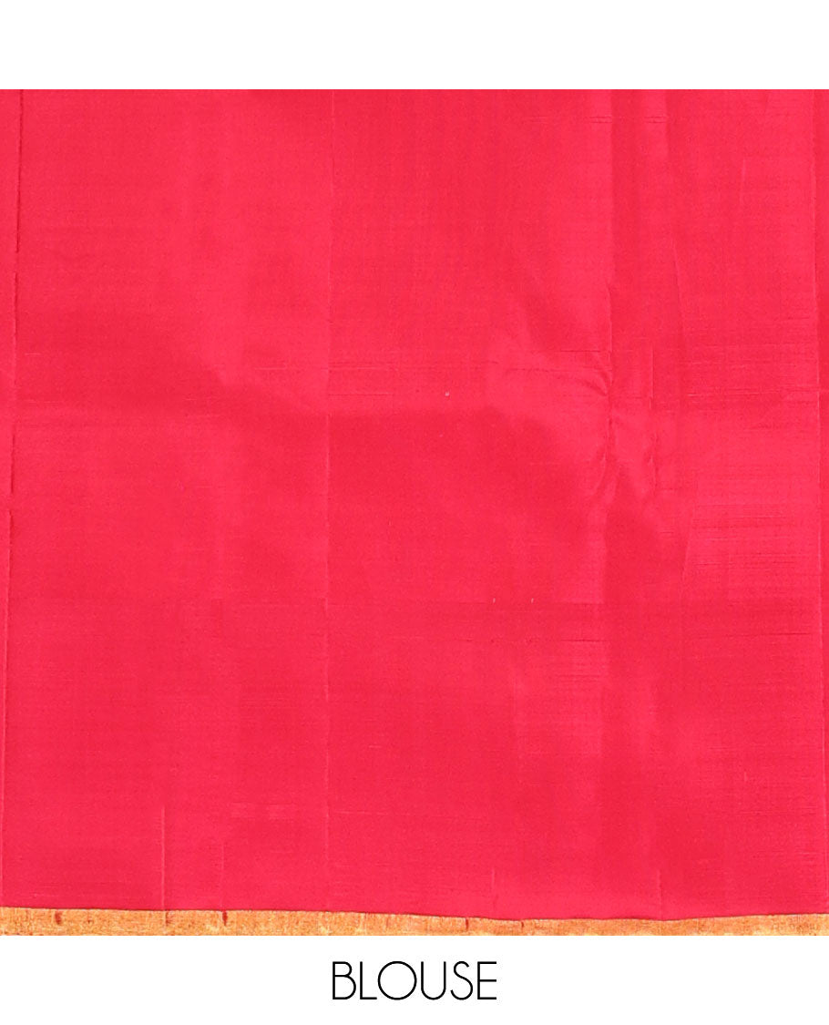 Yellow zari woven Kanchipuram silk saree, contrast thazampoo rekku zari border, and zari elevated pallu of pillaiyar mokku design