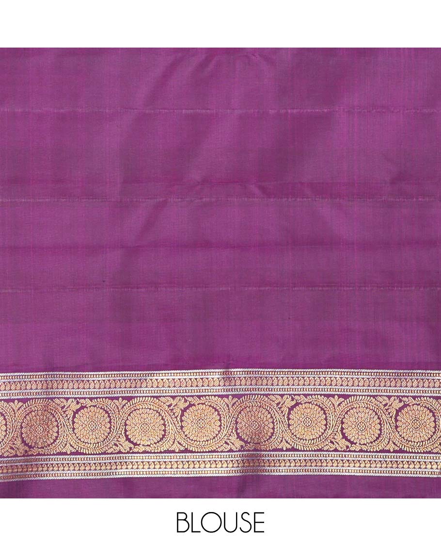 Antique gold Kanchipuram silk saree, contrast floral creeper zari border, and pallu of muthu, banaras, vanki, manga, and kodi visiry designs