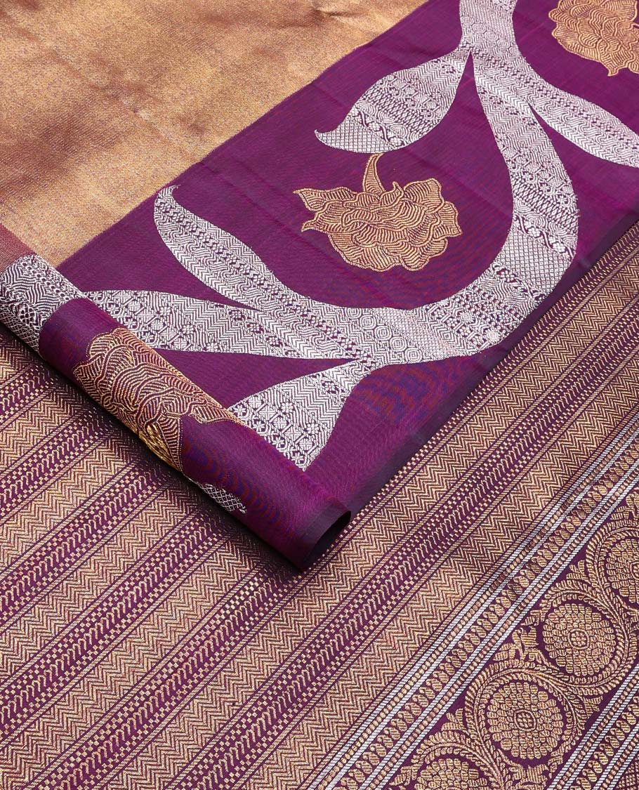 Antique gold Kanchipuram silk saree, contrast floral creeper zari border, and pallu of muthu, banaras, vanki, manga, and kodi visiry designs