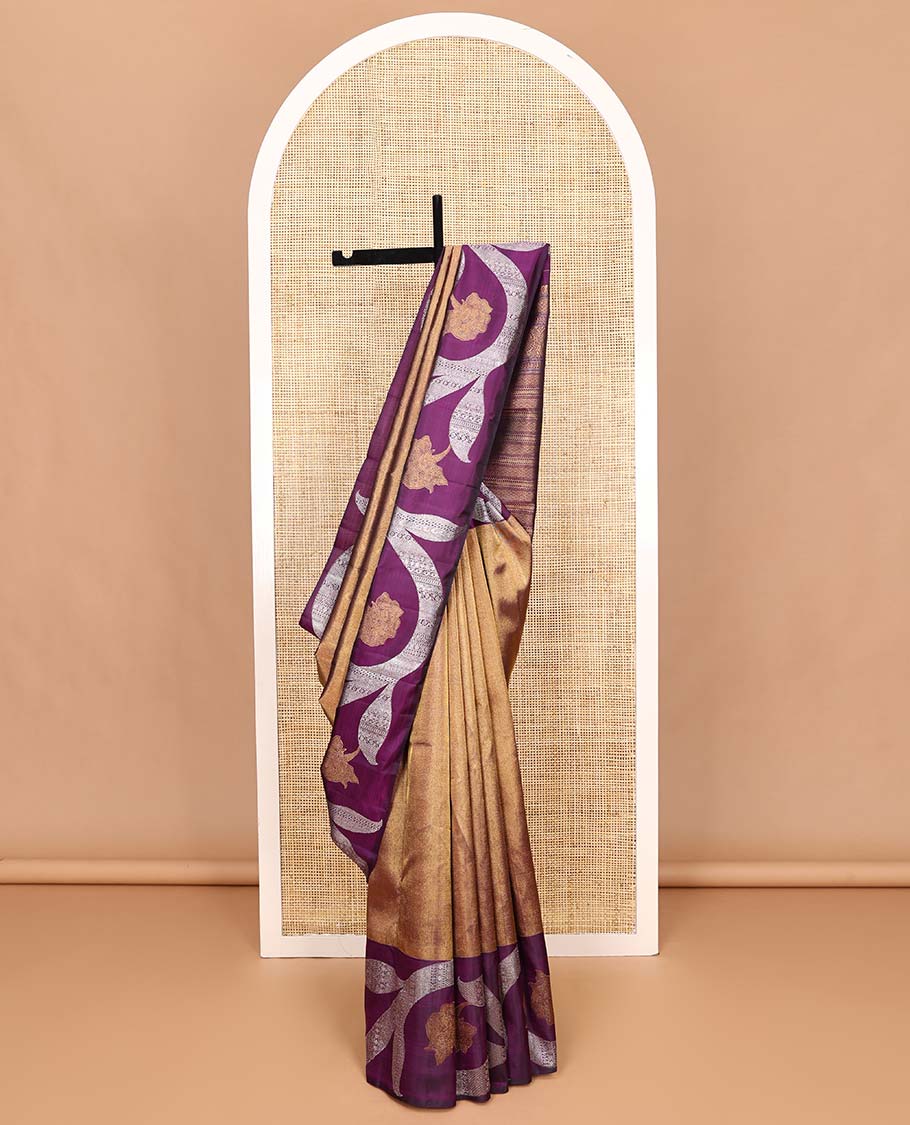 Antique gold Kanchipuram silk saree, contrast floral creeper zari border, and pallu of muthu, banaras, vanki, manga, and kodi visiry designs