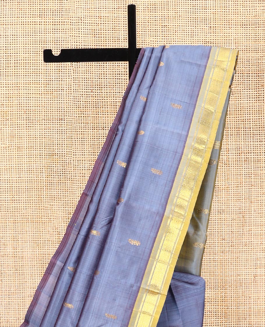 Grey Kanchipuram Silk Saree, Featuring Zari Buttas All Over Its Body, Complemented by a Contrast One-Sided Border of Banaras, and Mayil Kann Designs, Pallu of Zari Designs, and Comes Without a Blouse