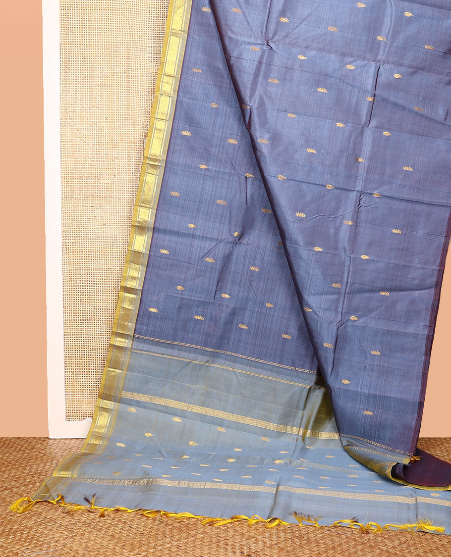 Grey Kanchipuram Silk Saree, Featuring Zari Buttas All Over Its Body, Complemented by a Contrast One-Sided Border of Banaras, and Mayil Kann Designs, Pallu of Zari Designs, and Comes Without a Blouse