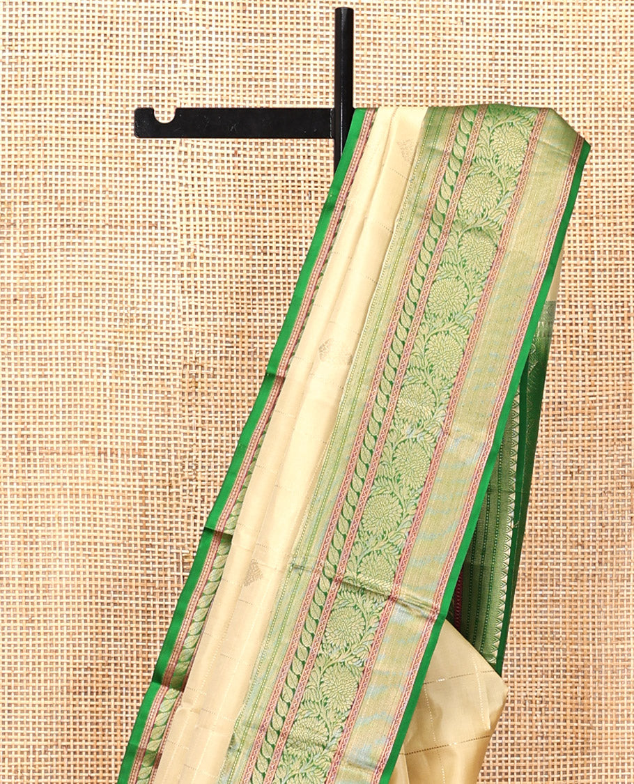 Sandal Kanchipuram Silk Saree, Sparsely Woven with Zari Buttas and Stripes, Contrast Border of Rekku, Muthu, Neli, and Kodi Visiry Designs, Pallu of Jaal Design, and a Contrast Blouse