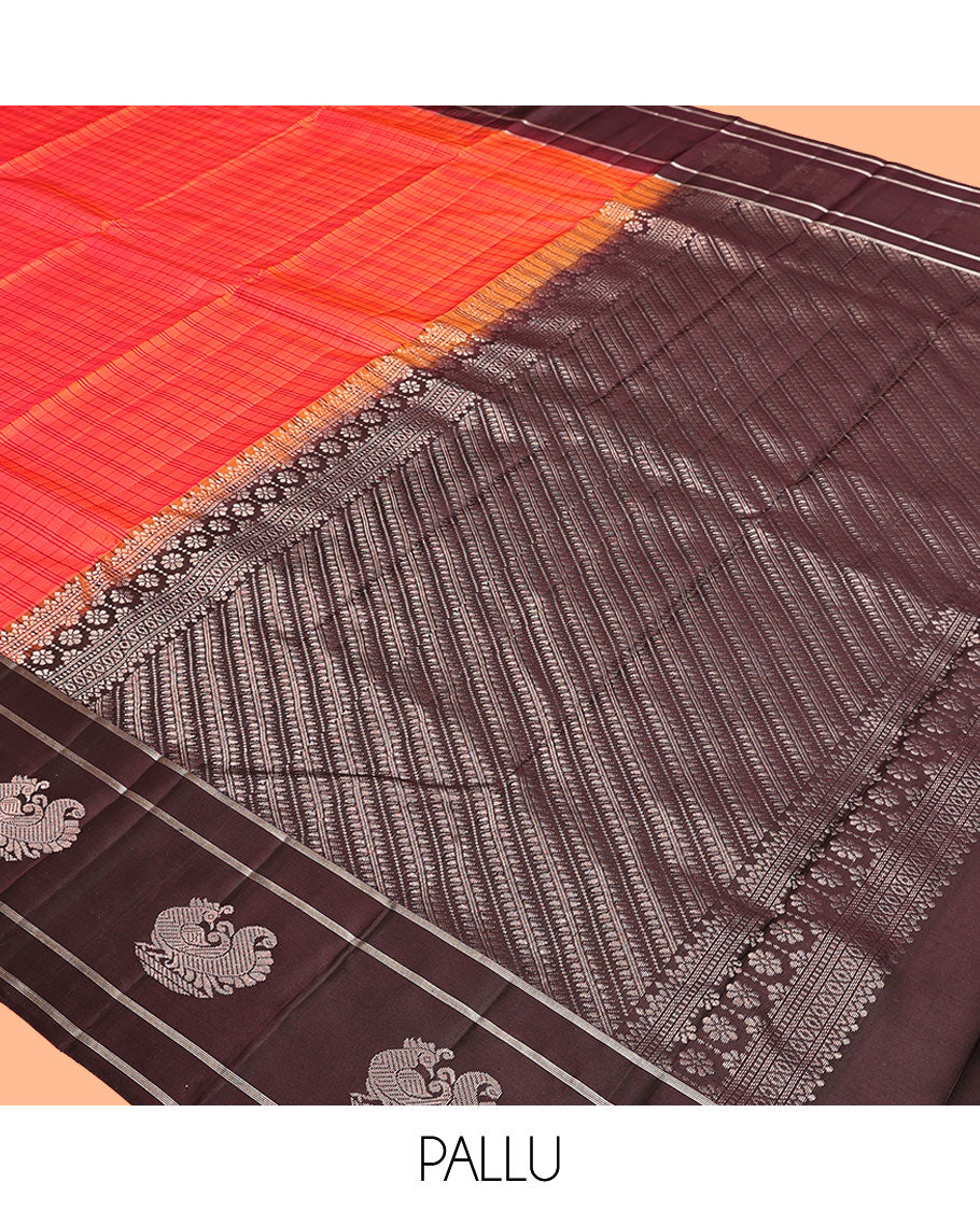 Red Kanchipuram Silk Saree, Elevated with Checks, Complemented By Contrast Zari Border of Mayil Design, Intricate Pallu, and a Contrast Blouse
