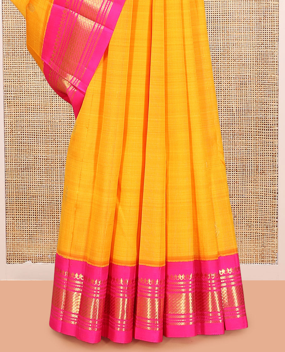 Orange Zari Buttas Kanchipuram Silk Saree, Complemented by a Contrast Korvai Border of Panner Sombu, Muthu, Banaras, and Geometric Design, Pallu of Zari Design, and No Blouse