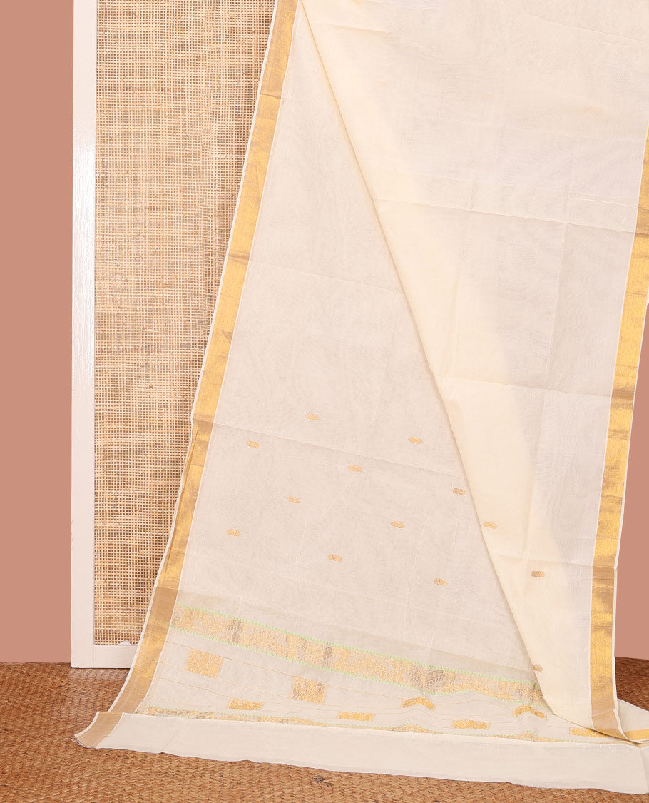 Cream Kerala Saree, Ornamented with Zari Buttas on Its Body, Subtly Sparkled Bavanji Border, Pallu Woven in Zari Peacock Designs, and Paired with a Matching Blouse