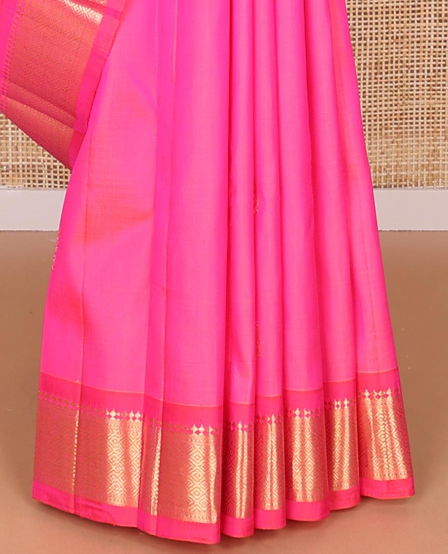 Pink floral buttas kancheepuram silk saree with contrast border of rekku, banaras, muthu, geometric design & floral pallu