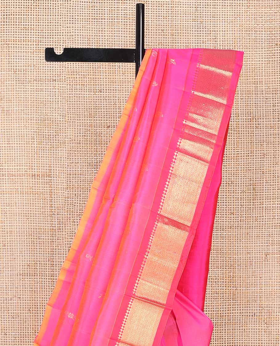 Pink floral buttas kancheepuram silk saree with contrast border of rekku, banaras, muthu, geometric design & floral pallu