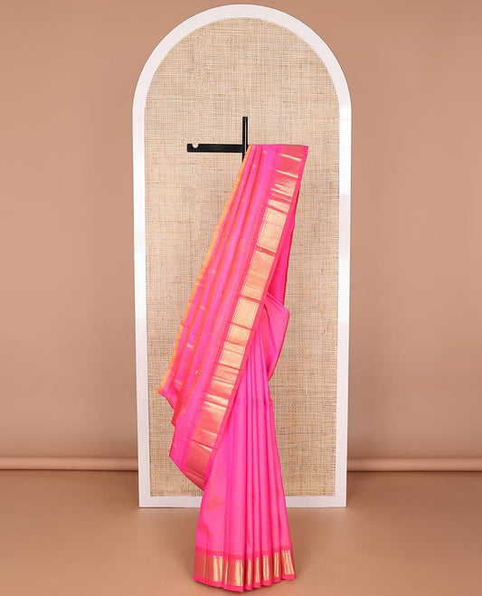 Pink floral buttas kancheepuram silk saree with contrast border of rekku, banaras, muthu, geometric design & floral pallu