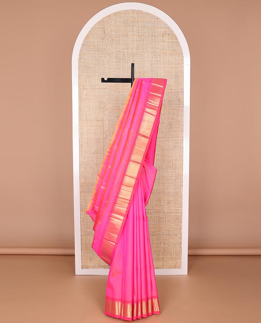 Pink floral buttas kancheepuram silk saree with contrast border of rekku, banaras, muthu, geometric design & floral pallu
